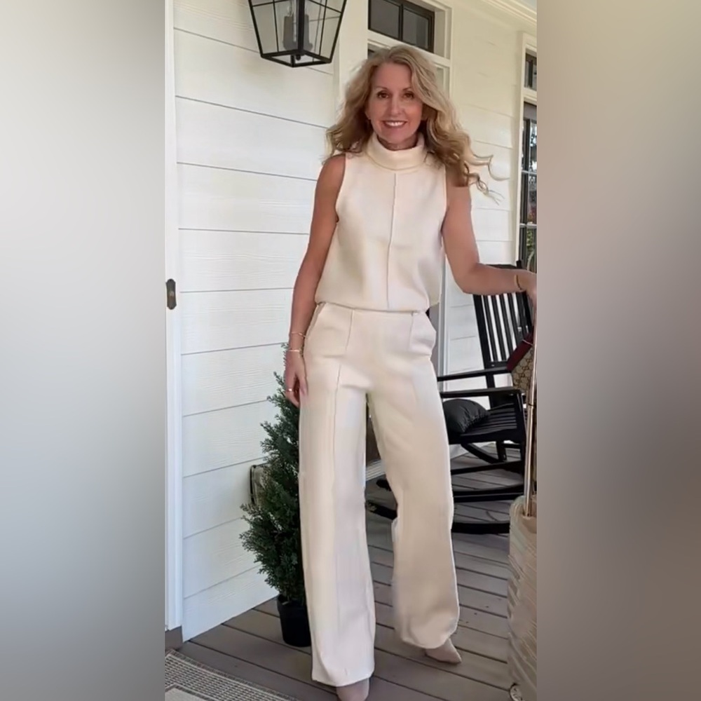Ogl 2Pcs Set Split Hem Top & High Waisted Straight Leg Pant  Heather Beige M & L
